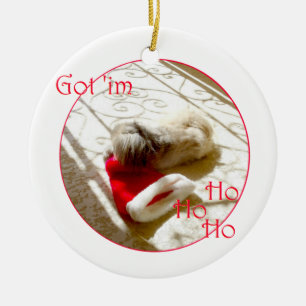 Little Pekingese Grabs Santa Ceramic Tree Decoration
