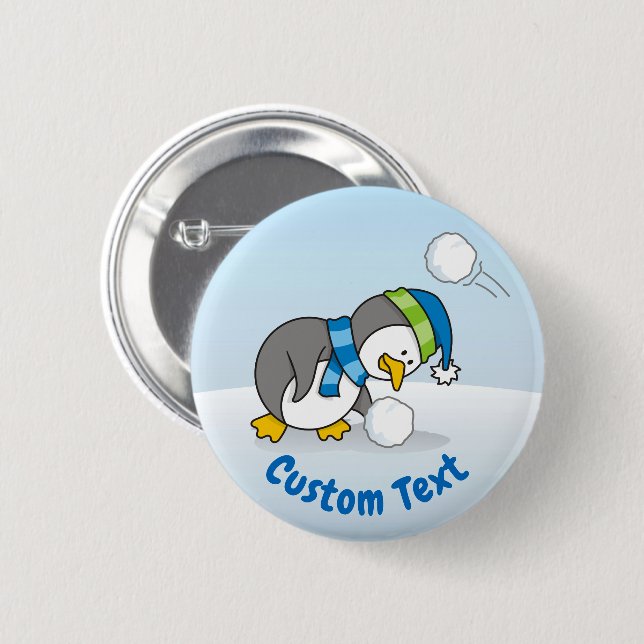 Little penguin getting a snow ball 6 cm round badge (Front & Back)