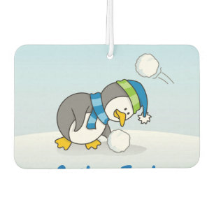 Little penguin getting a snow ball car air freshen freshener