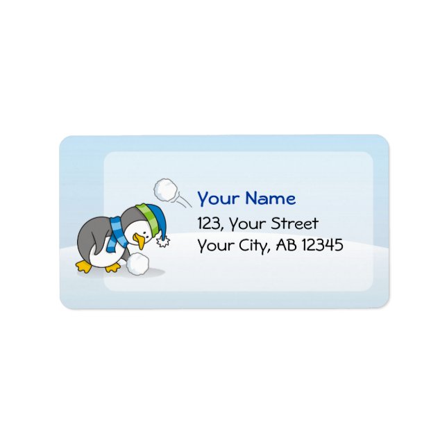 Little penguin getting a snow ball label (Front)