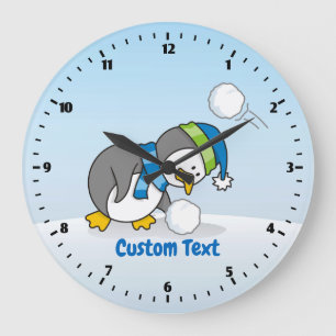 Little Penguin Getting a Snow Ball Large Clock