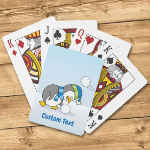 Little penguin getting a snow ball playing cards