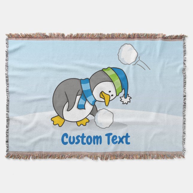 Little penguin getting a snow ball throw blanket (Front)