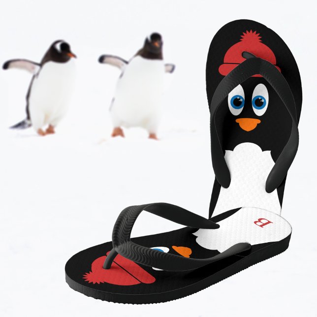 Little Penguin Monogrammed Cute Cartoon Funny Bird Kid's Thongs (🐧  Love penguins and flip flops? Just add your initial! Available in Children and Adult sizes)