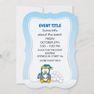 Little penguin sitting with snow balls invitation