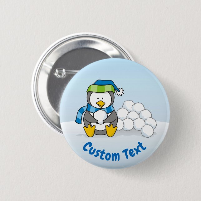 Little penguin sitting with snowballs 6 cm round badge (Front & Back)