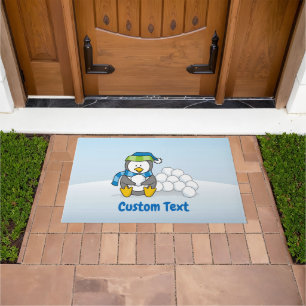 Little Penguin Sitting with Snowballs Doormat