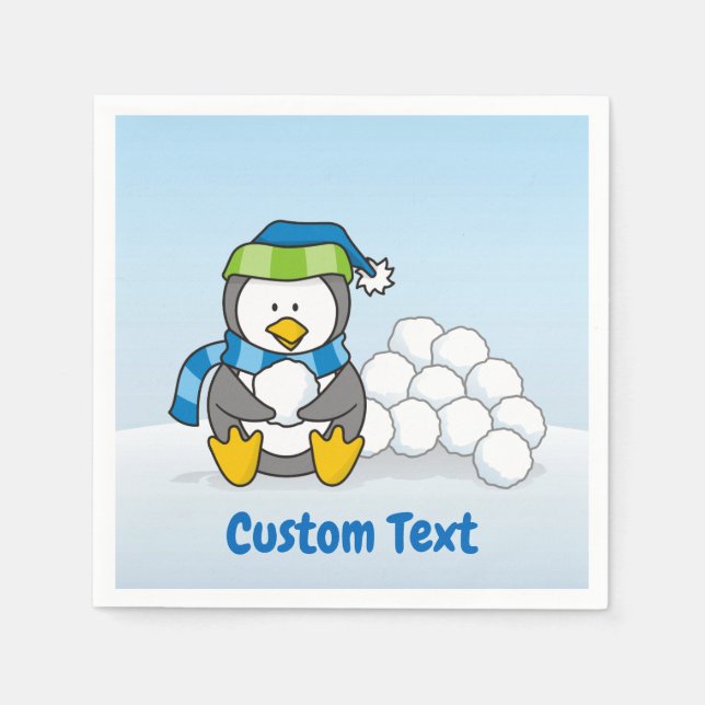 Little penguin sitting with snowballs paper napkin (Front)