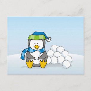 Little penguin sitting with snowballs postcard