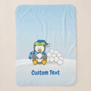 Little penguin sitting with snowballs sherpa blanket