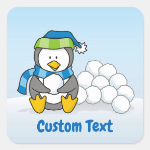 Little penguin sitting with snowballs square sticker