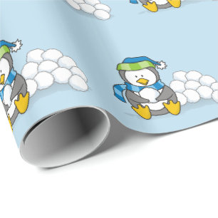 Little penguin sitting with snowballs wrapping pap paper