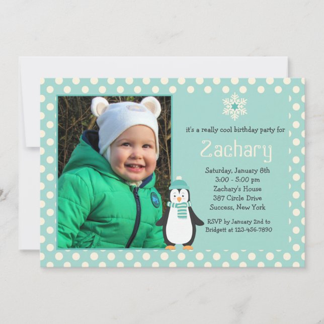 Little Penguin Teal Photo Invitation (Front)