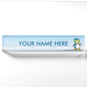 Little penguin walking on snow nameplate