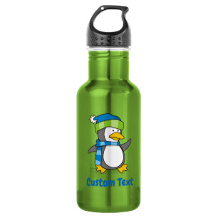 Little penguin walking on snow water bottle