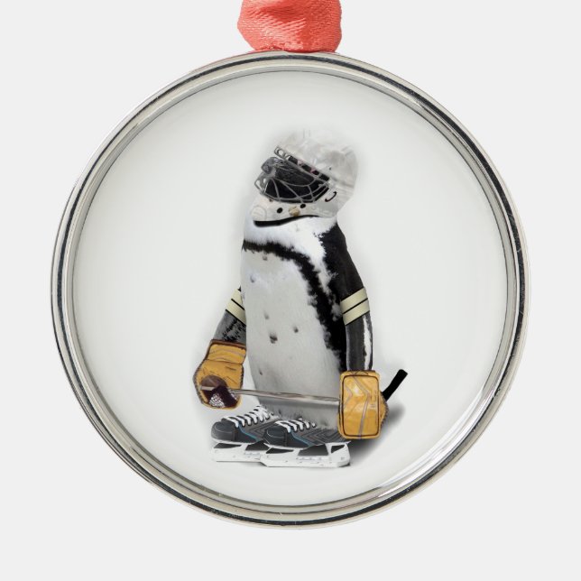 Little  Penguin Wearing Hockey Gear Metal Ornament (Front)