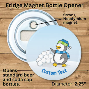 Little penguin with snow balls waving bottle opene opener