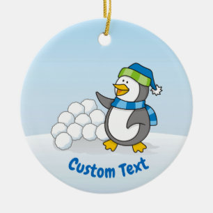 Little Penguin with Snow Balls Waving Ceramic Ornament