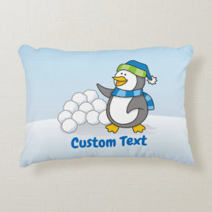 Little penguin with snow balls waving decorative cushion
