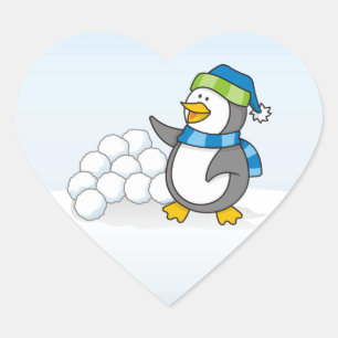 Little penguin with snow balls waving heart sticker