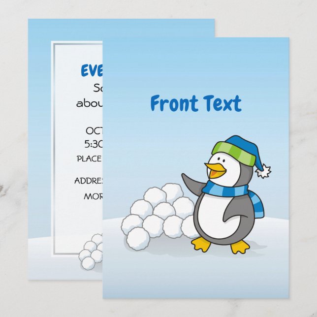 Little penguin with snow balls waving invitation (Front/Back)