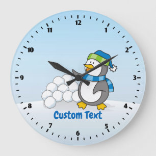 Little Penguin with Snow Balls Waving Large Clock