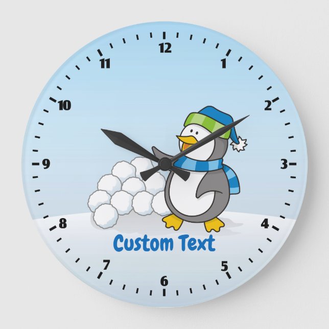 Little Penguin with Snow Balls Waving Large Clock (Front)