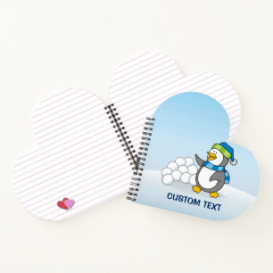 Little penguin with snow balls waving notebook