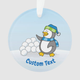 Little penguin with snow balls waving ornament