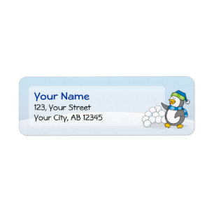 Little penguin with snow balls waving return address label