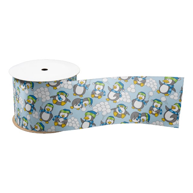 Little penguin with snow balls waving satin ribbon (Spool)