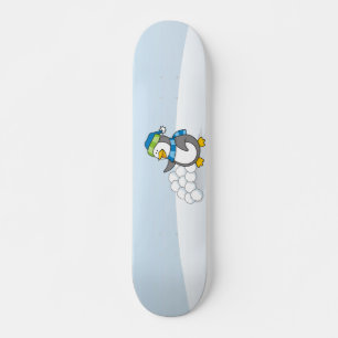 Little penguin with snow balls waving skateboard