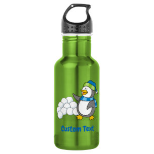 Little penguin with snow balls waving water bottle
