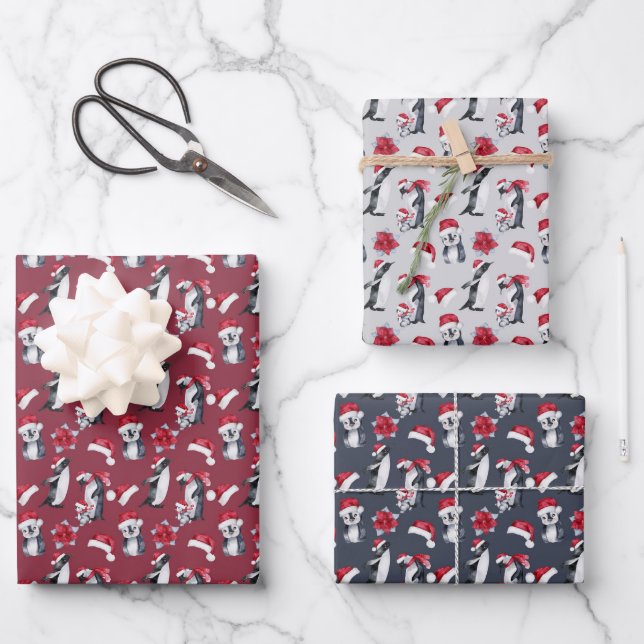 Little Penguins In Santa Hats Wrapping Paper Sheet (Front)