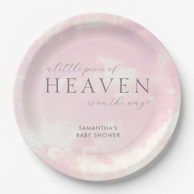 Little Piece of Heaven Pink Baby Shower Clouds Paper Plate (Front)