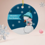 Little Pig and Snowman Hugging First Christmas Ceramic Ornament<br><div class="desc">Adorable first Christmas ornament with an illustration of a snowman and a pig hugging each other. One one side the background is dark blue and you can personalize the text with your own. On the other side, the background is white and there is not text. Illustrated and designed by Patricia...</div>