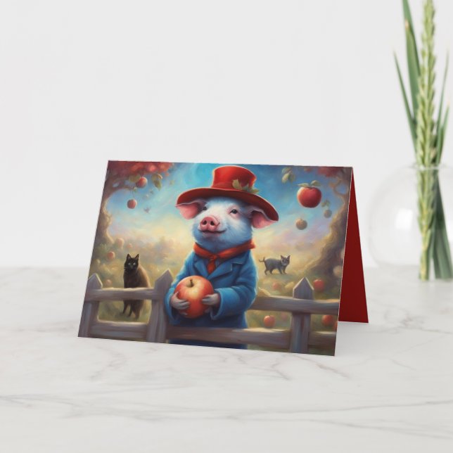 Little pig in red and blue suit birthday holiday card (Front)