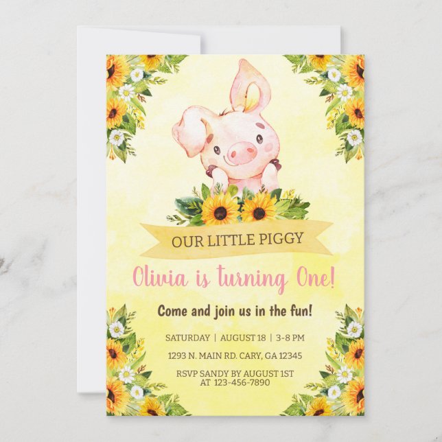 Little piggy and sunflowers birthday Invitation. Invitation (Front)