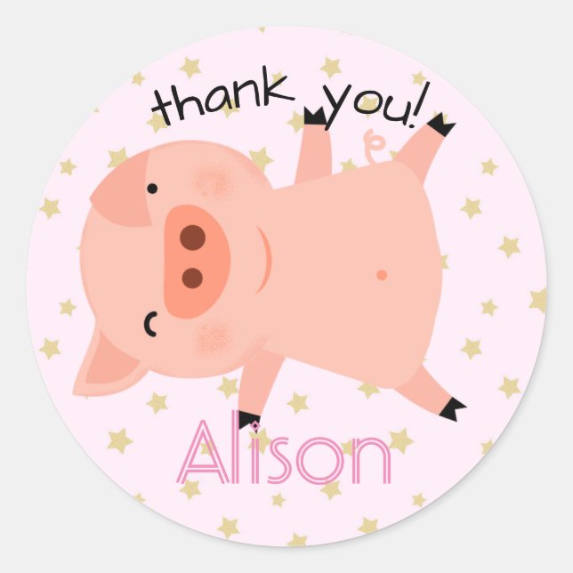 Little Piggy With Stars Thank You Pink Classic Round Sticker (Front)