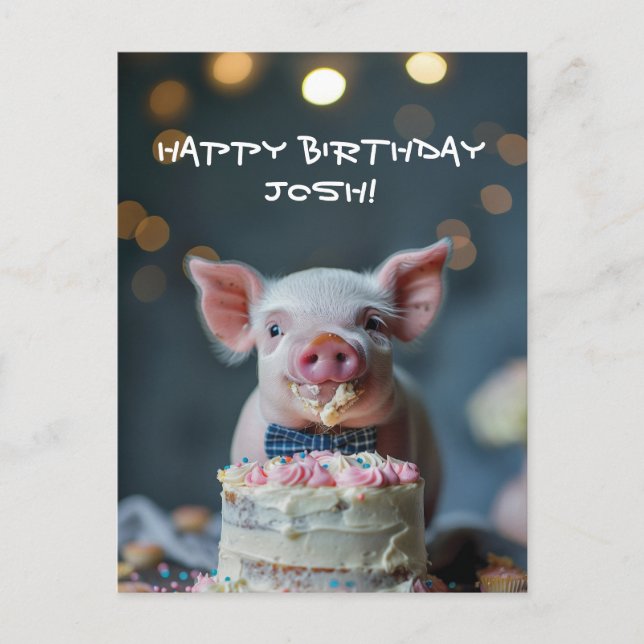 Little piglet munching on a birthday cake postcard (Front)