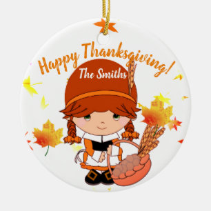 Little Pilgrim Thanksgiving Custom Ceramic Ornament