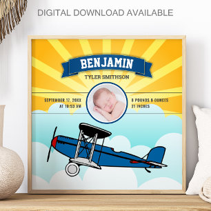 Little Pilot Blue Aeroplane Baby Photo Birth Stats Poster