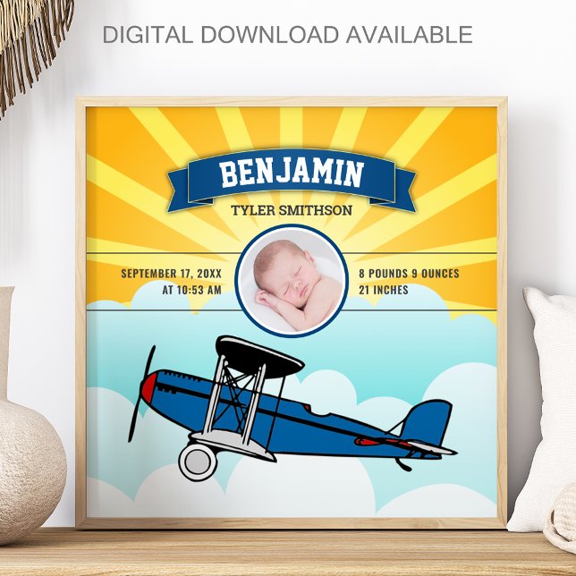 Little Pilot Blue Airplane Baby Photo Birth Stats Poster (Creator Uploaded)