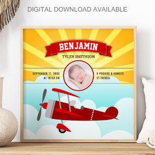 Little Pilot Red Aeroplane Baby Photo Birth Stats Poster