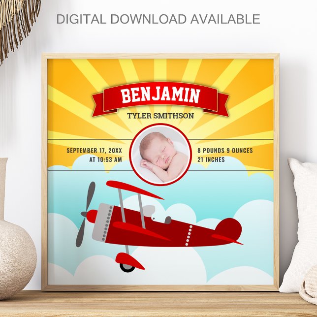 Little Pilot Red Aeroplane Baby Photo Birth Stats Poster (Creator Uploaded)