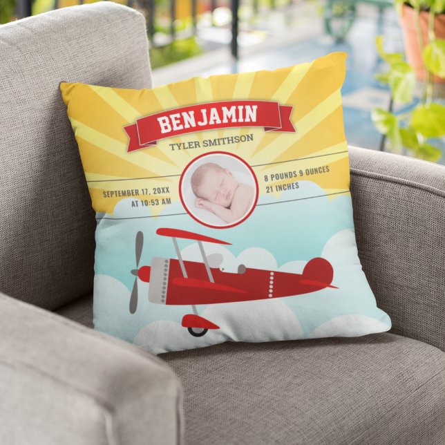 Little Pilot Red Airplane Baby Photo Birth Stats Cushion (Creator Uploaded)