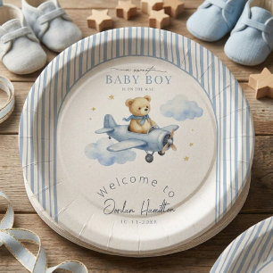  Little Pilot Teddy Bear Baby Boy Shower  Paper Plate