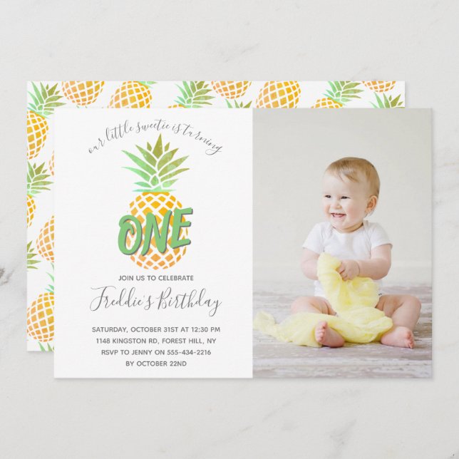 Little Pineapple 1st Birthday Photo Invitation (Front/Back)