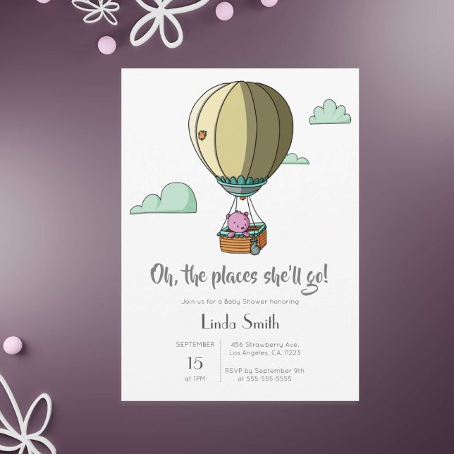 Little Pink Bear in Hot Air Balloon Baby Shower Invitation (Creator Uploaded)