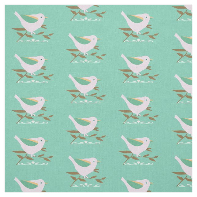 Little pink bird on mint background fabric (Swatch)